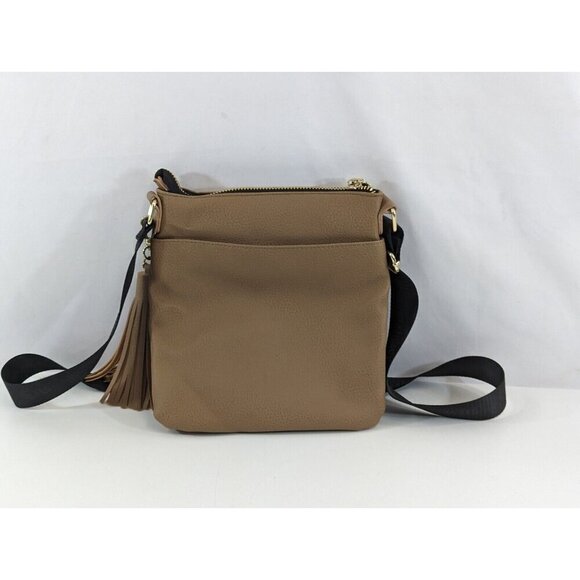 Steve Madden Crossbody Bag Tan Purse Fringe Detail Black Strap Gold Tone NEW - Picture 6 of 11